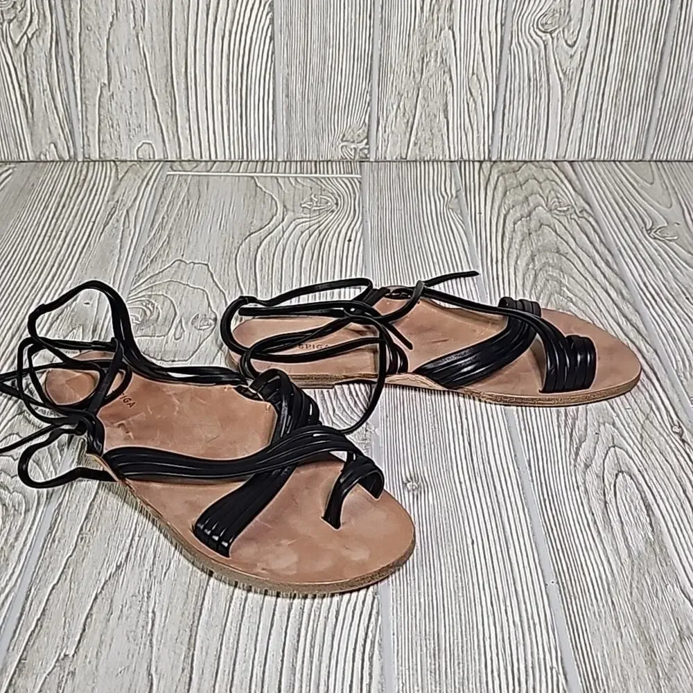 Via Spiga Allegra Ankle Wrap Black Leather Sandals Womens Size 6.5 New